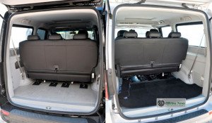 Na foto à esquerda, a posição original do banco do T8 permite 1.330 litros de capacidade do porta-malas. Com o kit, esse volume sobe para 1.821 litros (à direita)